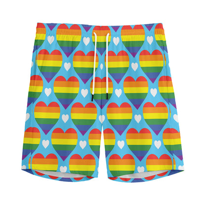 LGBT Pride Rainbow Heart Pattern Print Men's Sports Shorts