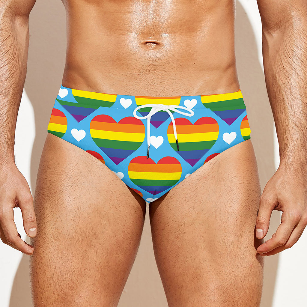 LGBT Pride Rainbow Heart Pattern Print Men's Swim Briefs
