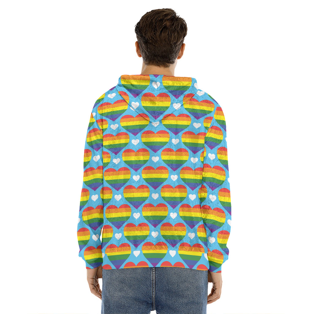 LGBT Pride Rainbow Heart Pattern Print Men's Velvet Pullover Hoodie