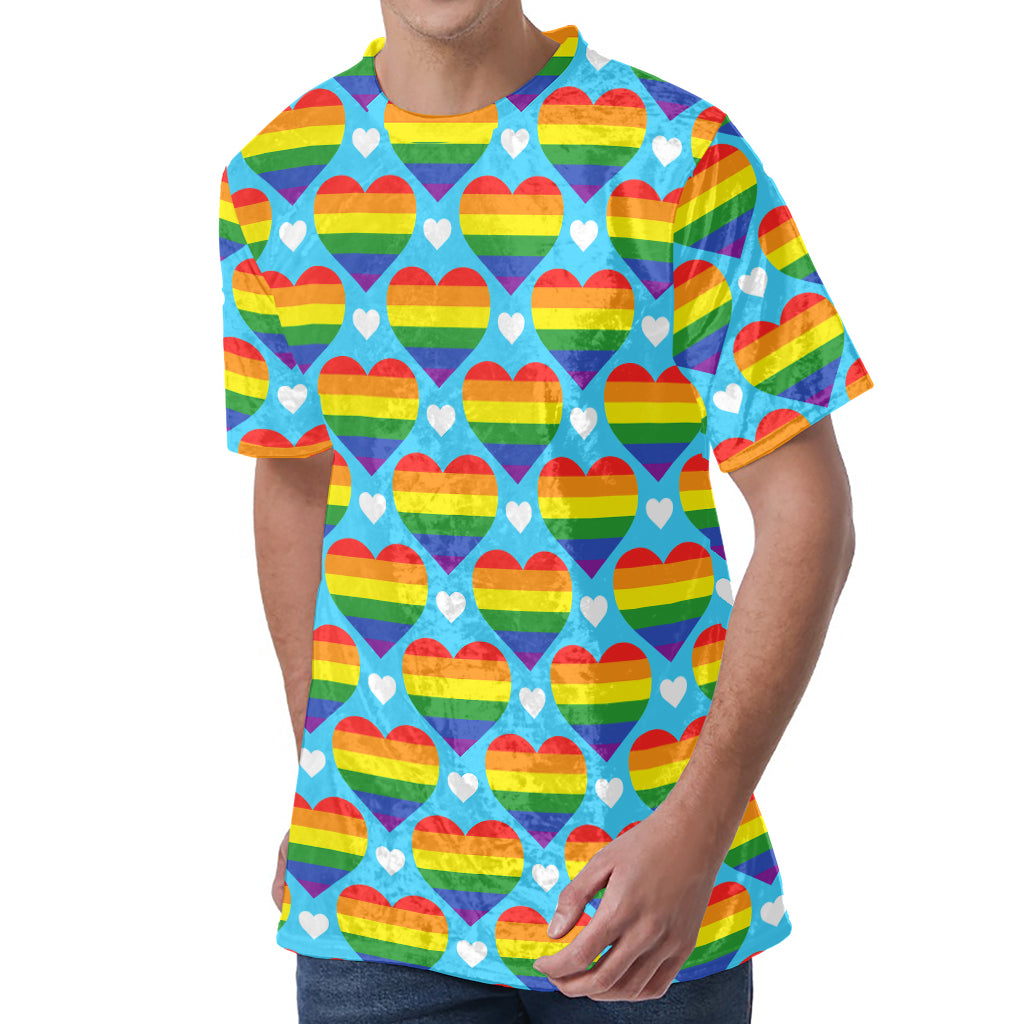 LGBT Pride Rainbow Heart Pattern Print Men's Velvet T-Shirt
