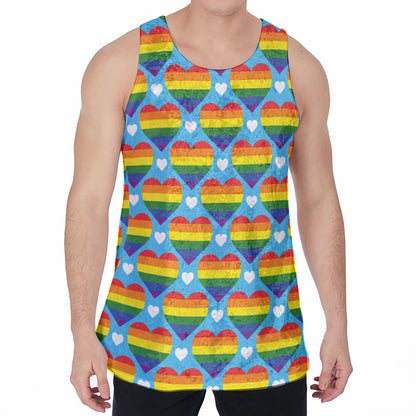 LGBT Pride Rainbow Heart Pattern Print Men's Velvet Tank Top
