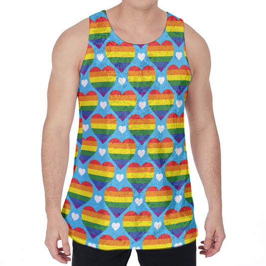 LGBT Pride Rainbow Heart Pattern Print Men's Velvet Tank Top