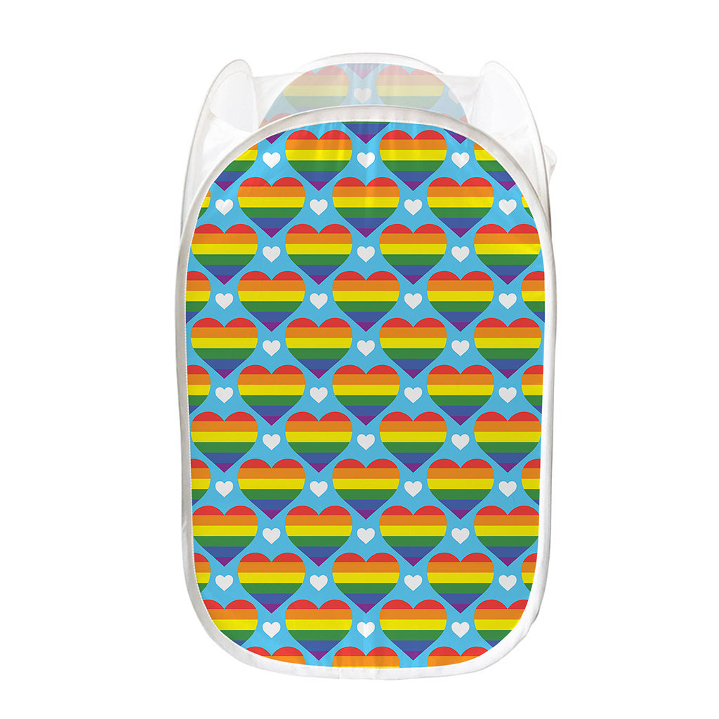 LGBT Pride Rainbow Heart Pattern Print Mesh Laundry Hamper