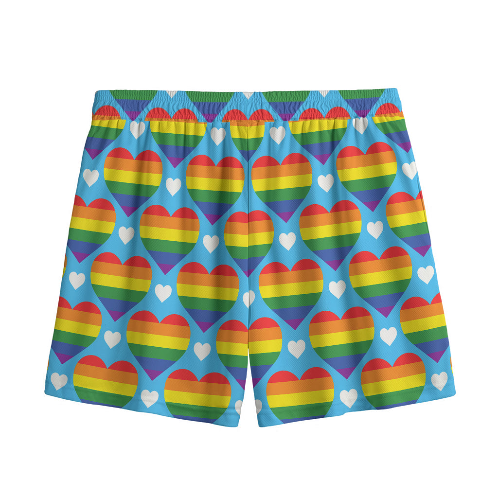 LGBT Pride Rainbow Heart Pattern Print Mesh Shorts