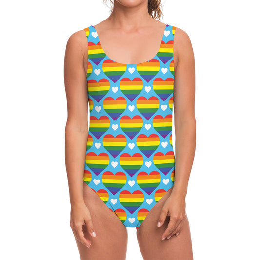 LGBT Pride Rainbow Heart Pattern Print One Piece Swimsuit