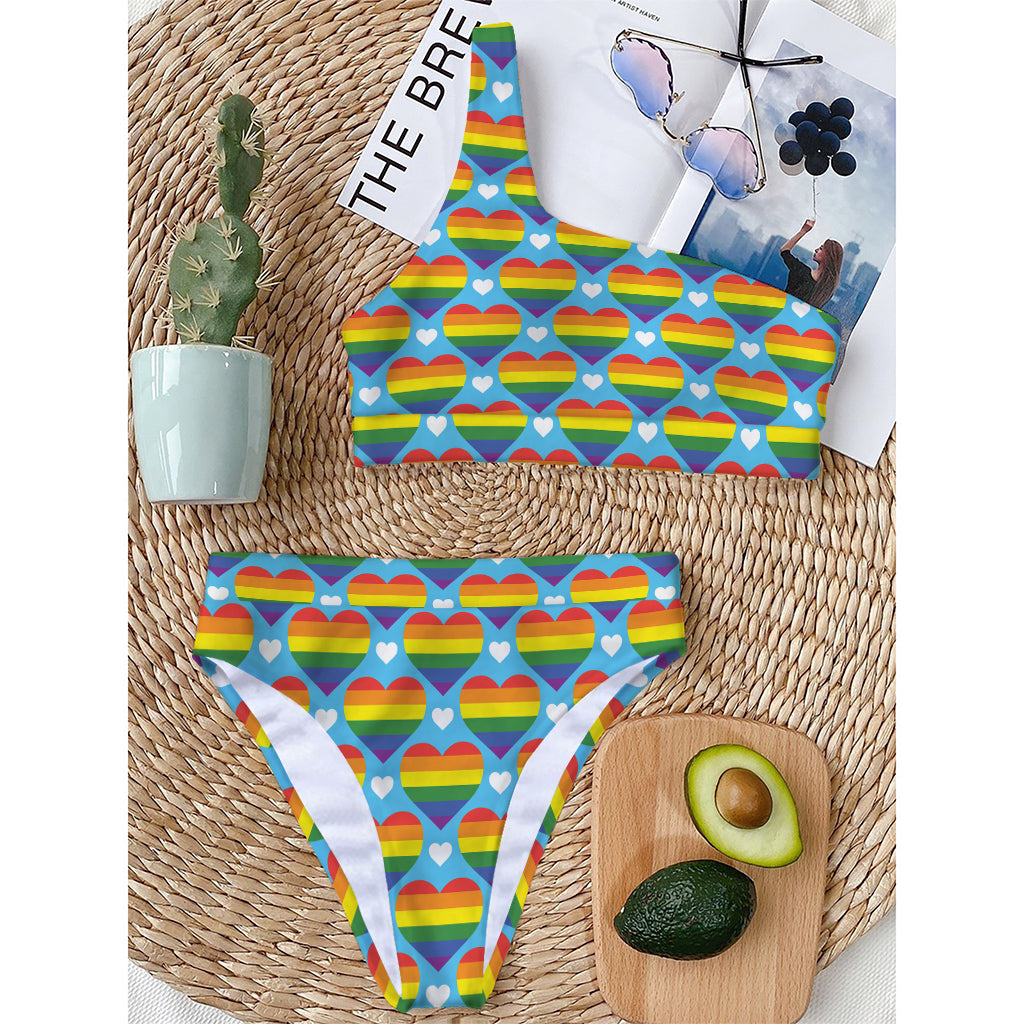 LGBT Pride Rainbow Heart Pattern Print One Shoulder Bikini Top