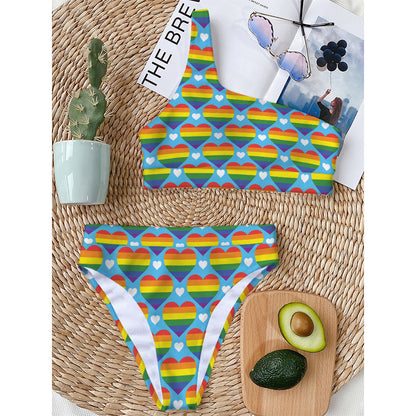 LGBT Pride Rainbow Heart Pattern Print One Shoulder Bikini Top