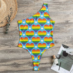 LGBT Pride Rainbow Heart Pattern Print One Shoulder Bodysuit