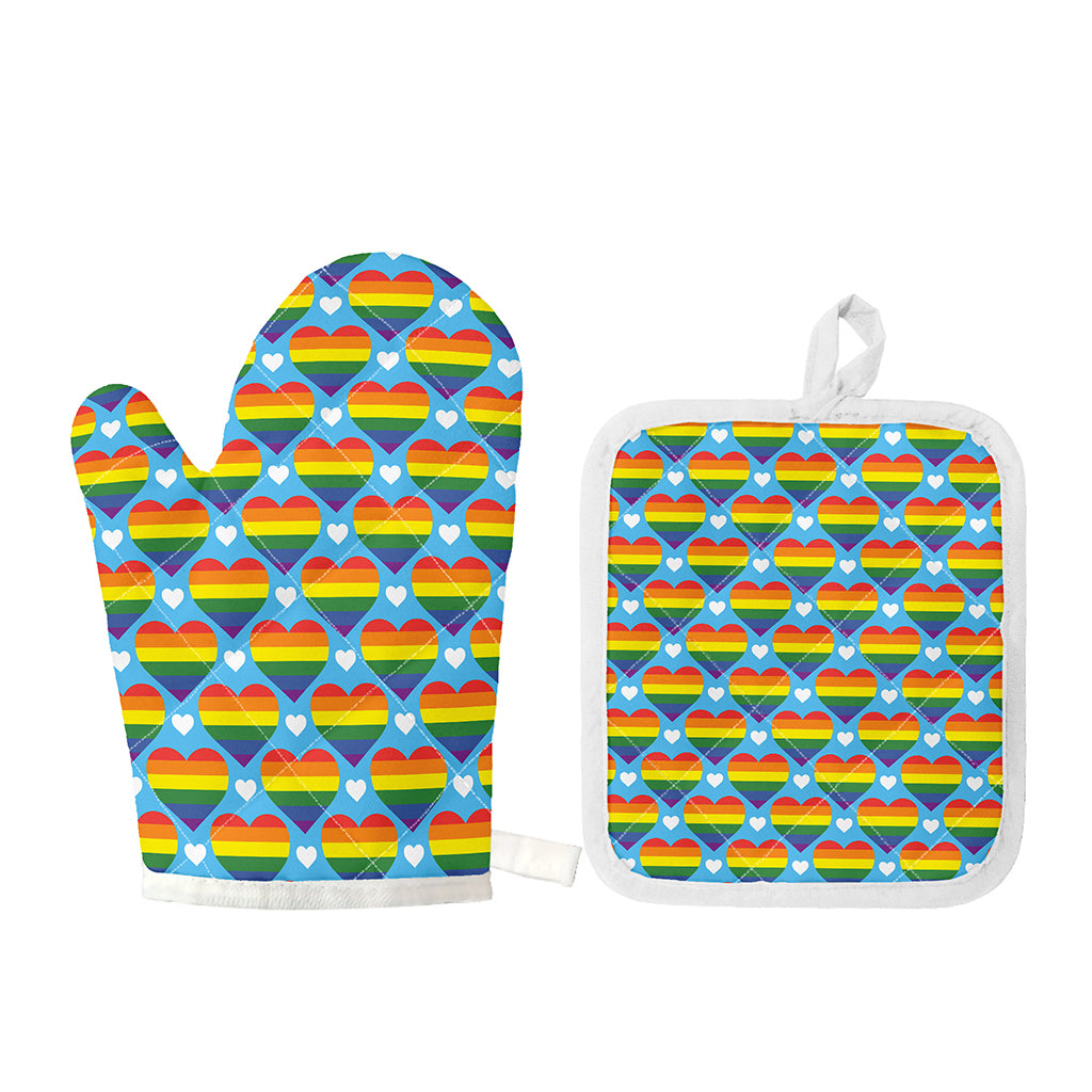 LGBT Pride Rainbow Heart Pattern Print Oven Mitt And Pot Holder Set