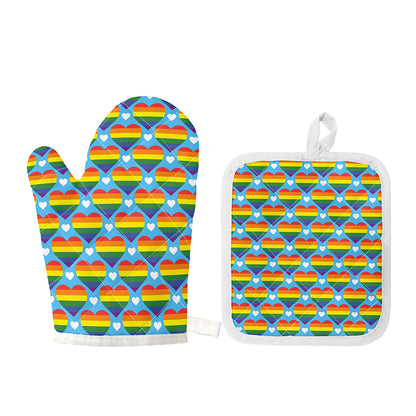 LGBT Pride Rainbow Heart Pattern Print Oven Mitt And Pot Holder Set