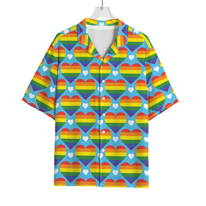 LGBT Pride Rainbow Heart Pattern Print Rayon Hawaiian Shirt