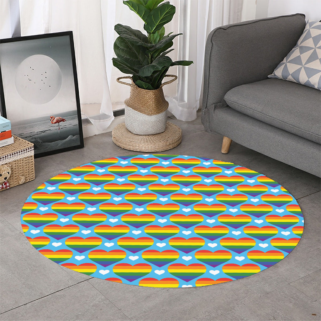 LGBT Pride Rainbow Heart Pattern Print Round Rug