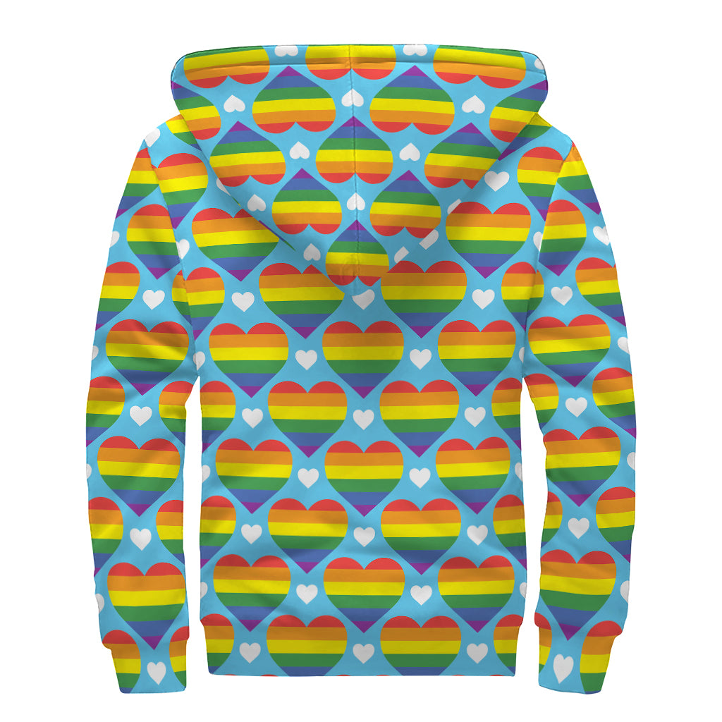 LGBT Pride Rainbow Heart Pattern Print Sherpa Lined Zip Up Hoodie