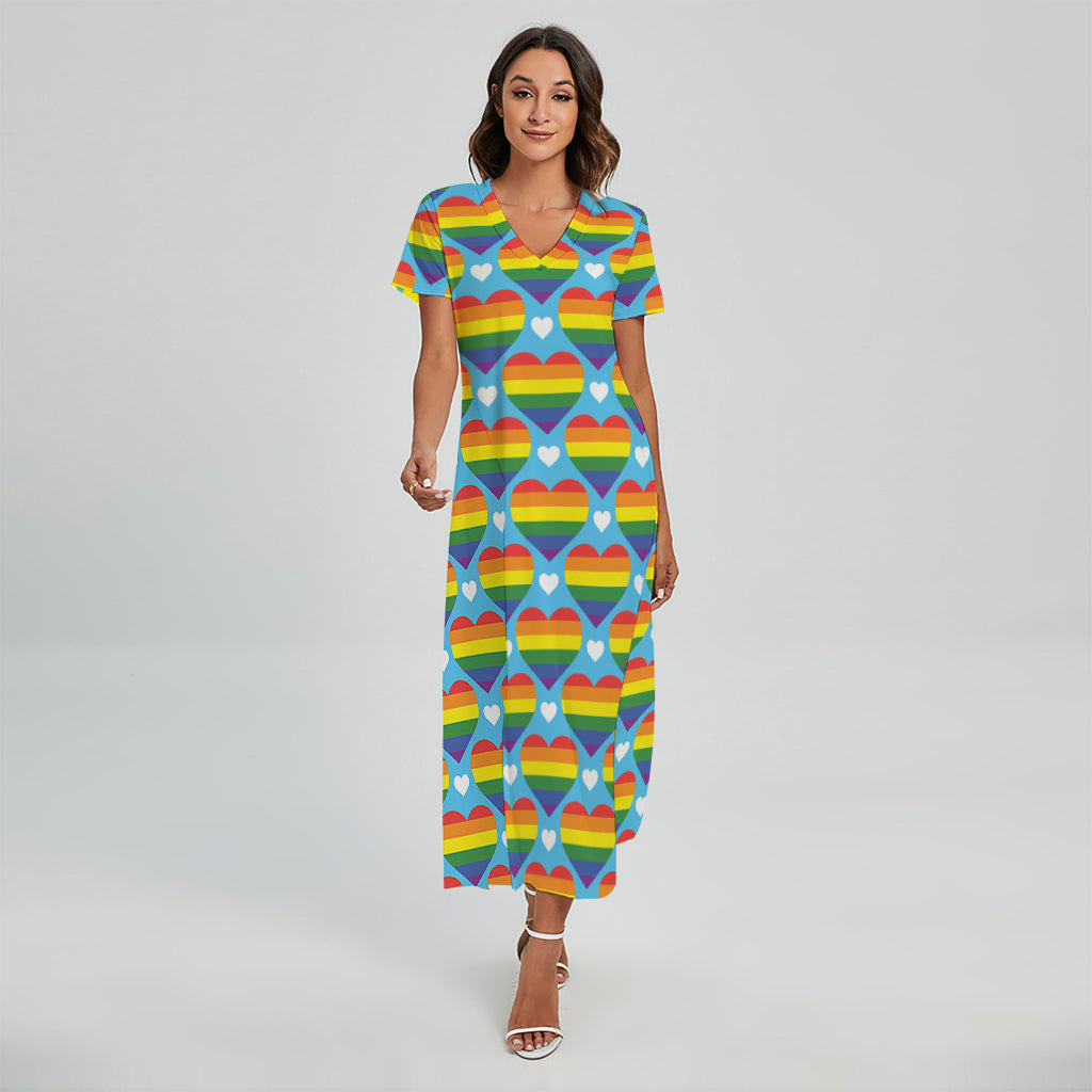 LGBT Pride Rainbow Heart Pattern Print Short Sleeve Maxi Dress