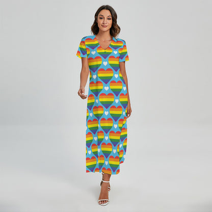 LGBT Pride Rainbow Heart Pattern Print Short Sleeve Maxi Dress