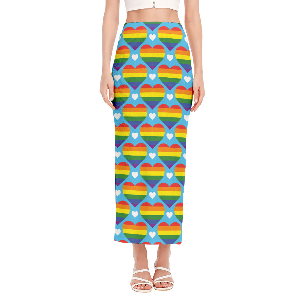 LGBT Pride Rainbow Heart Pattern Print Side Slit Maxi Skirt