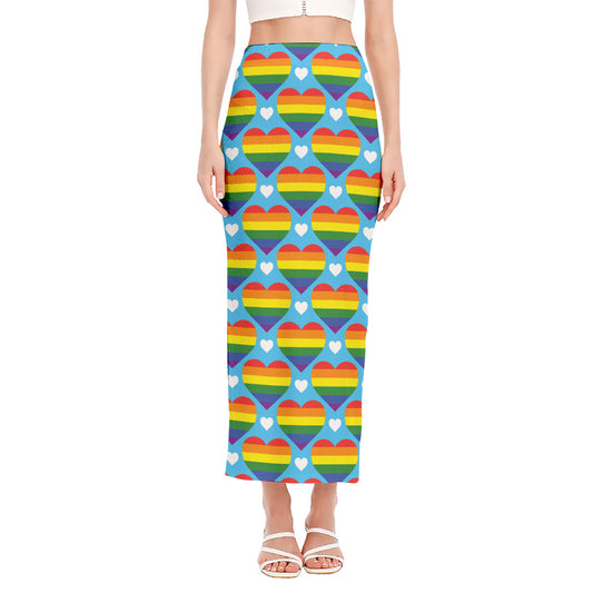 LGBT Pride Rainbow Heart Pattern Print Side Slit Maxi Skirt