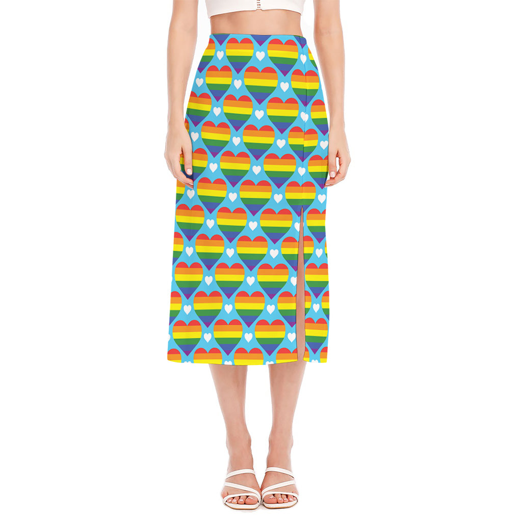 LGBT Pride Rainbow Heart Pattern Print Side Slit Midi Skirt