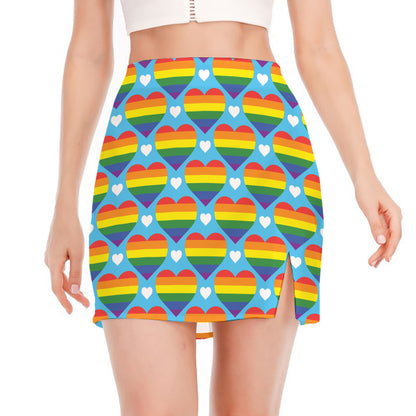 LGBT Pride Rainbow Heart Pattern Print Side Slit Mini Skirt