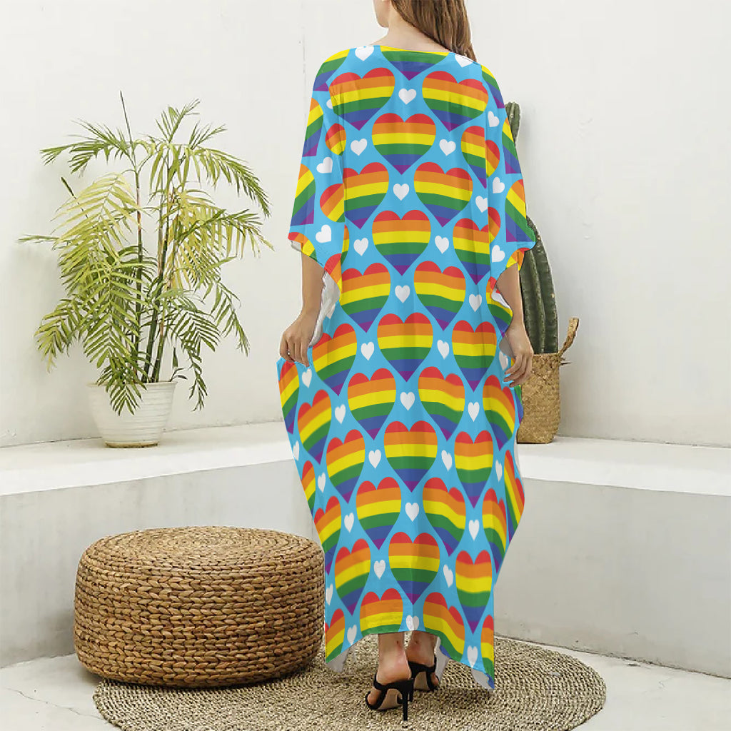 LGBT Pride Rainbow Heart Pattern Print Silk V-Neck Kaftan Dress