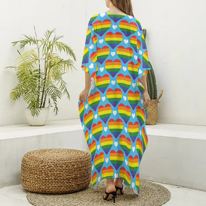 LGBT Pride Rainbow Heart Pattern Print Silk V-Neck Kaftan Dress