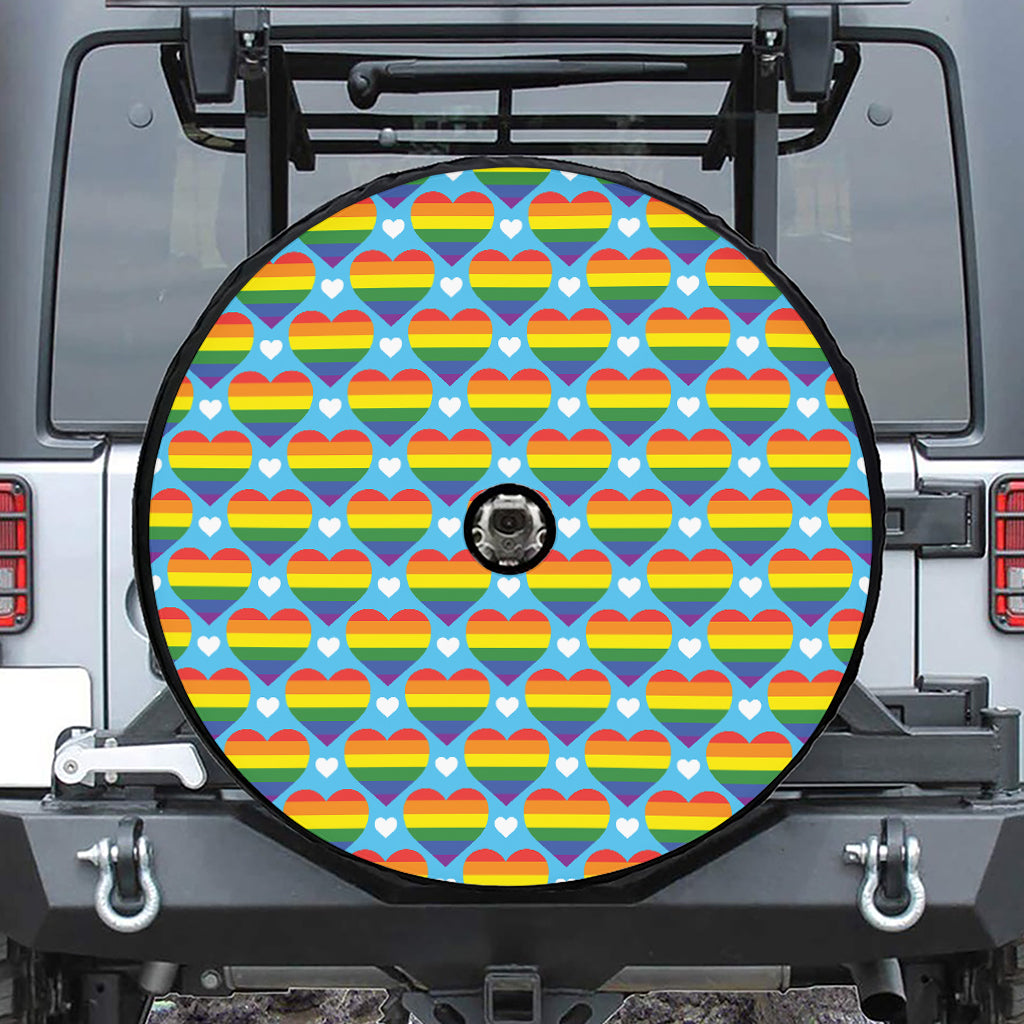 LGBT Pride Rainbow Heart Pattern Print Tire Cover With Camera Hole