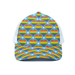 LGBT Pride Rainbow Heart Pattern Print White Mesh Trucker Cap