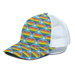 LGBT Pride Rainbow Heart Pattern Print White Mesh Trucker Cap