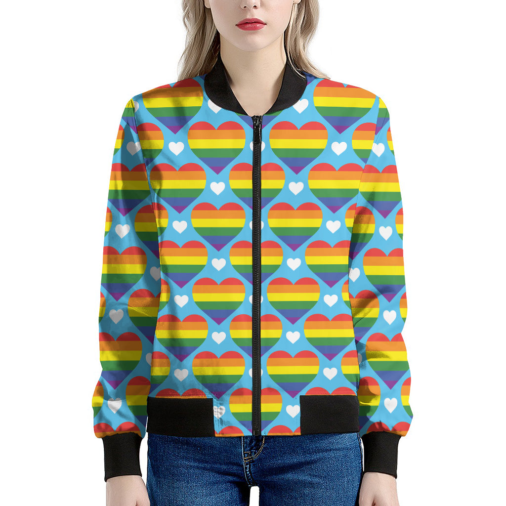 LGBT Pride Rainbow Heart Pattern Print Women's Bomber Jacket