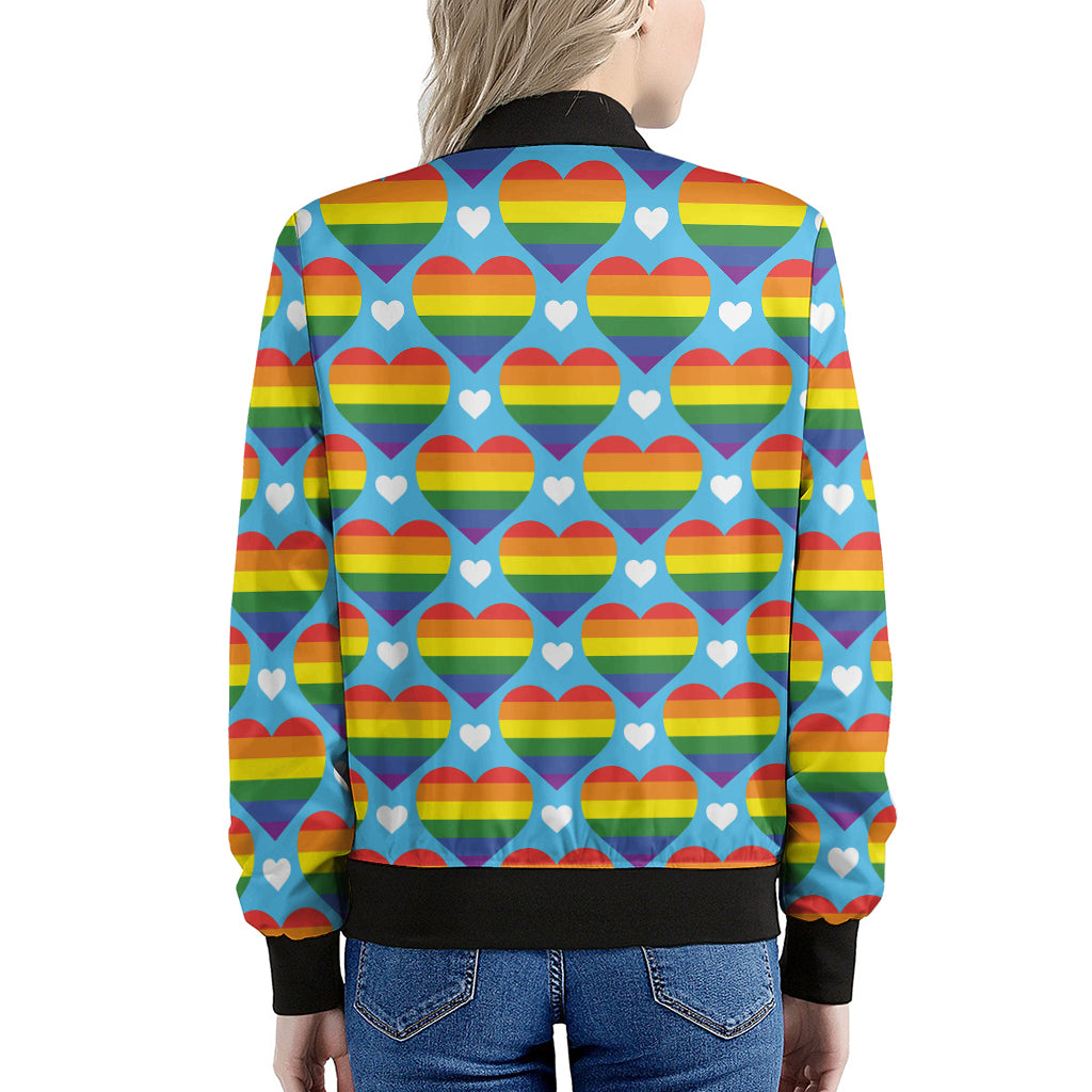 LGBT Pride Rainbow Heart Pattern Print Women's Bomber Jacket