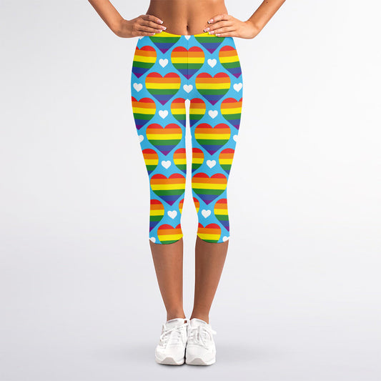 LGBT Pride Rainbow Heart Pattern Print Women's Capri Leggings