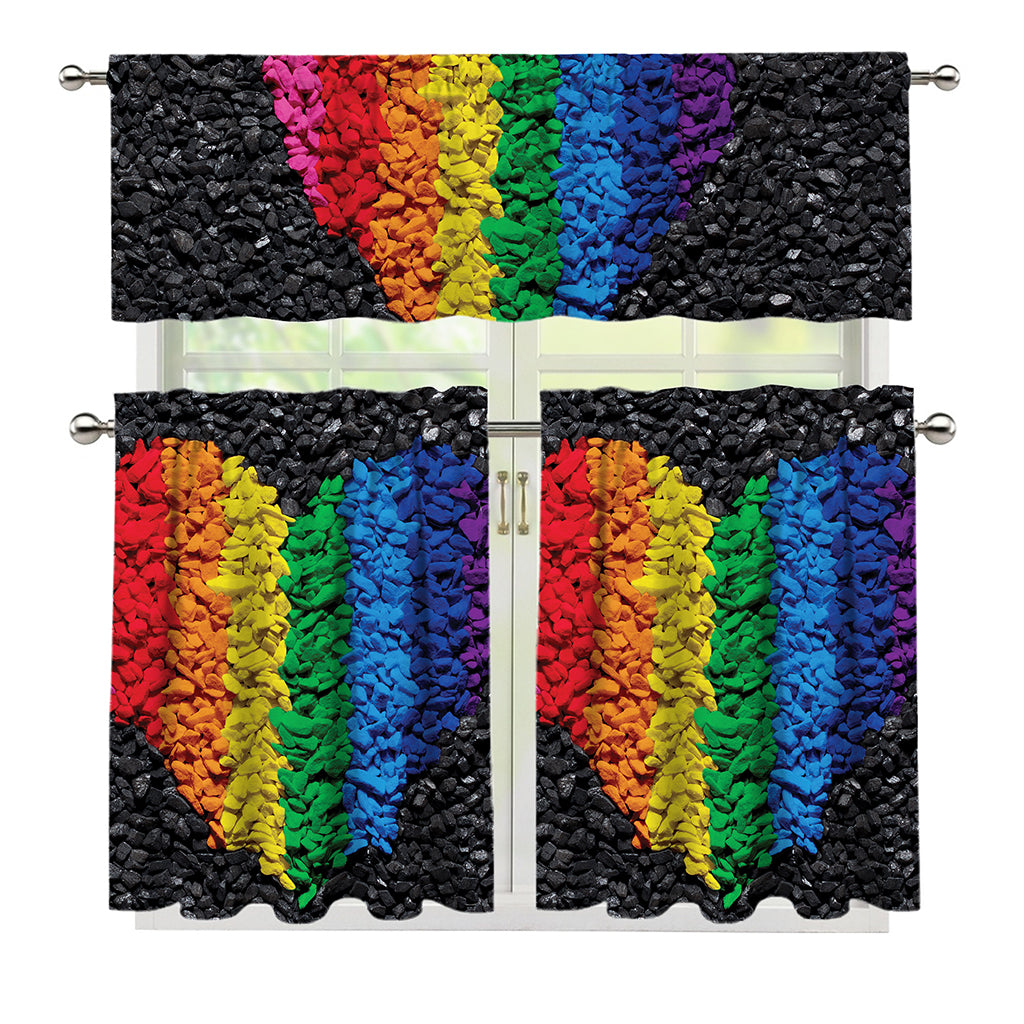LGBT Pride Rainbow Heart Stones Print 3 Piece Kitchen Curtains