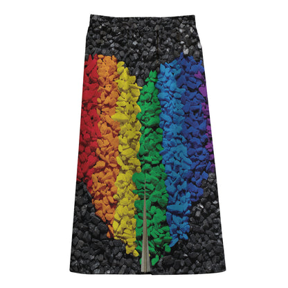 LGBT Pride Rainbow Heart Stones Print Cotton Front Slit Maxi Skirt