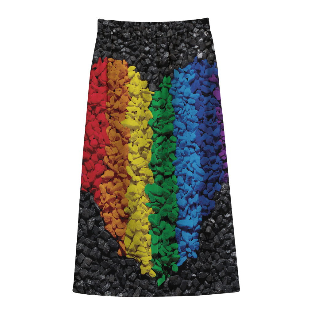 LGBT Pride Rainbow Heart Stones Print Cotton Front Slit Maxi Skirt