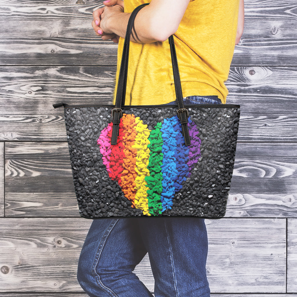 LGBT Pride Rainbow Heart Stones Print Leather Tote Bag