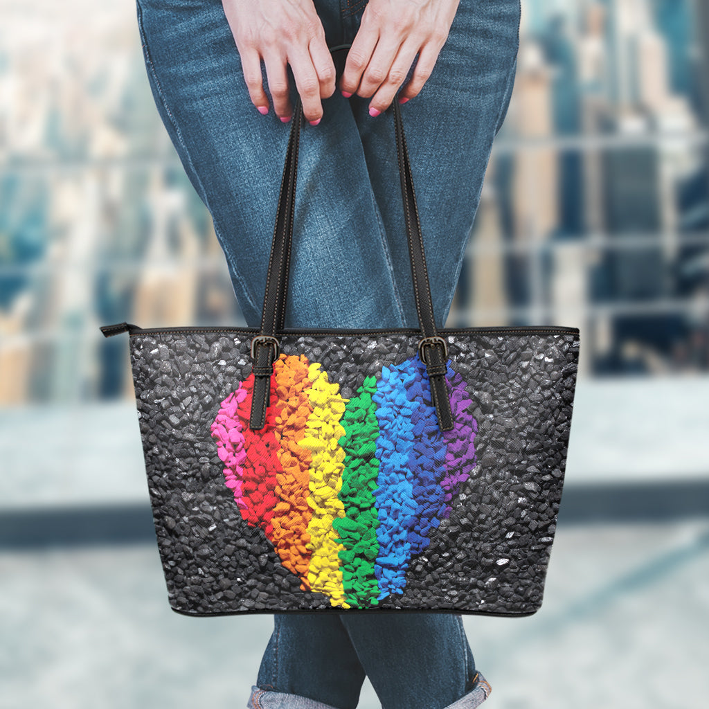 LGBT Pride Rainbow Heart Stones Print Leather Tote Bag