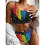LGBT Pride Rainbow Heart Stones Print One Shoulder Bikini Top