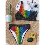 LGBT Pride Rainbow Heart Stones Print One Shoulder Bikini Top