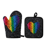 LGBT Pride Rainbow Heart Stones Print Oven Mitt And Pot Holder Set