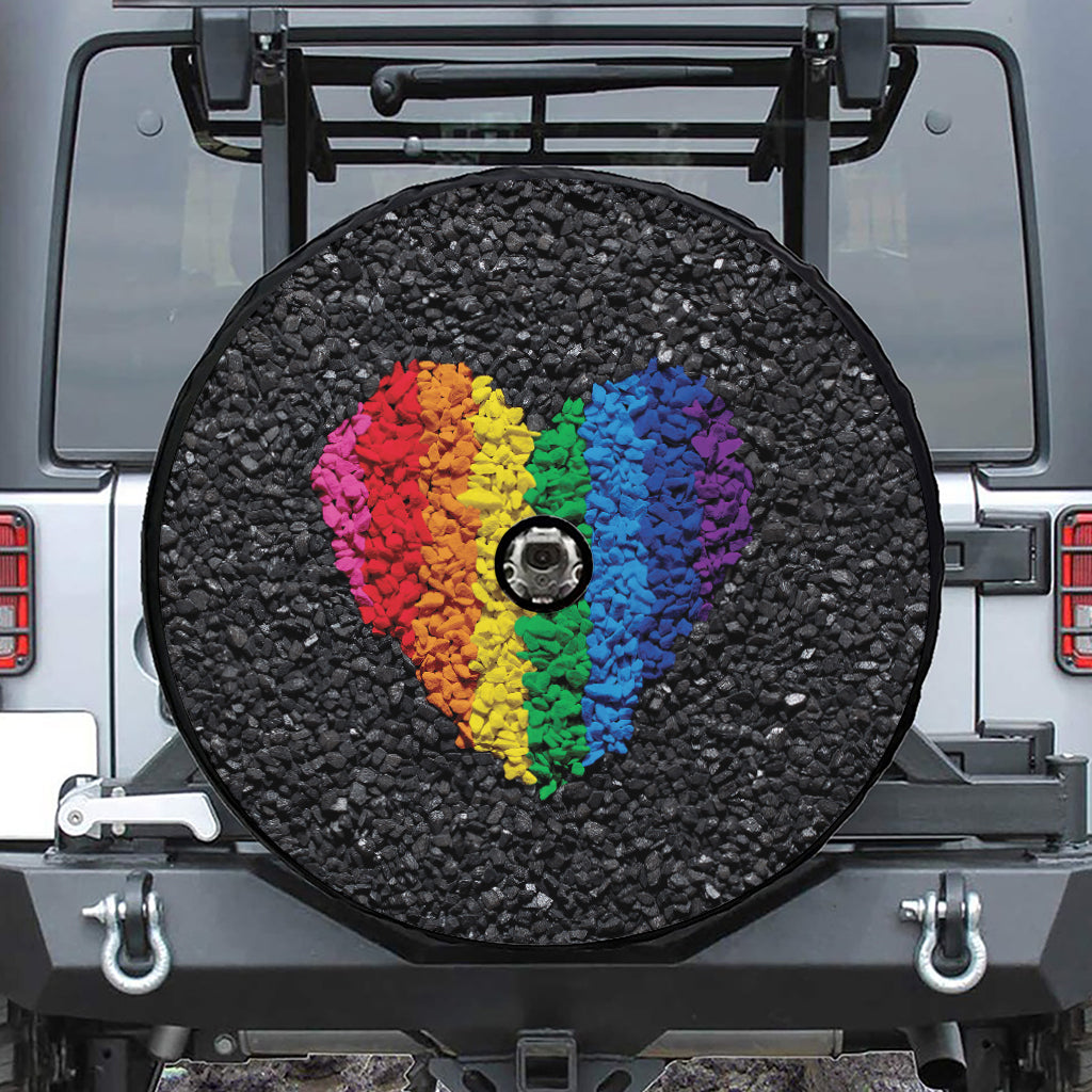 LGBT Pride Rainbow Heart Stones Print Tire Cover With Camera Hole