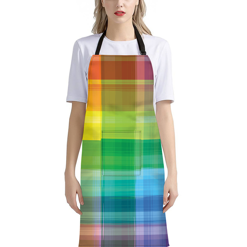 LGBT Pride Rainbow Plaid Pattern Print Bib Apron With Pocket