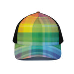 LGBT Pride Rainbow Plaid Pattern Print Black Mesh Trucker Cap