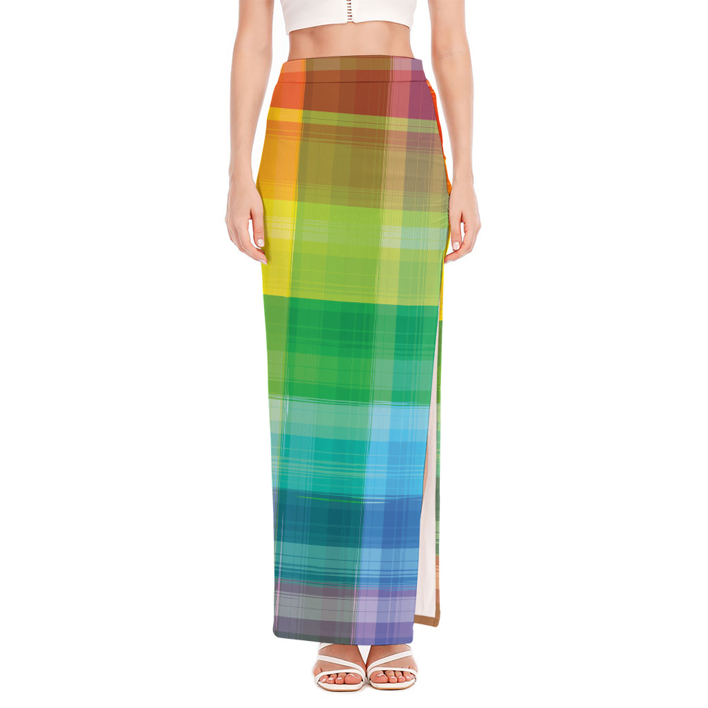 LGBT Pride Rainbow Plaid Pattern Print High Slit Maxi Skirt