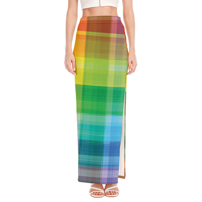 LGBT Pride Rainbow Plaid Pattern Print High Slit Maxi Skirt