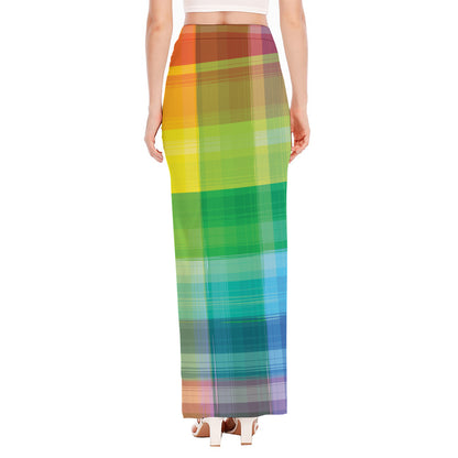 LGBT Pride Rainbow Plaid Pattern Print High Slit Maxi Skirt