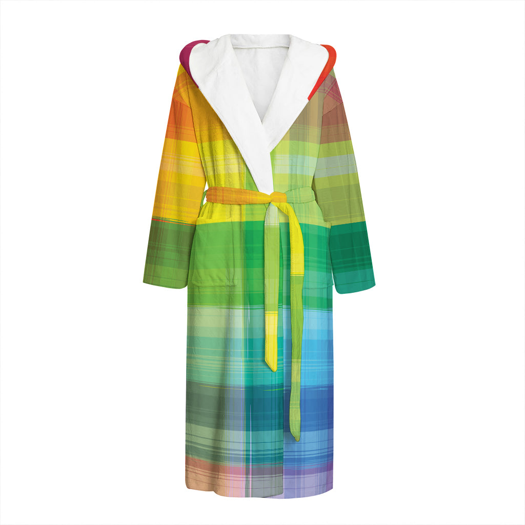 LGBT Pride Rainbow Plaid Pattern Print Hooded Bathrobe