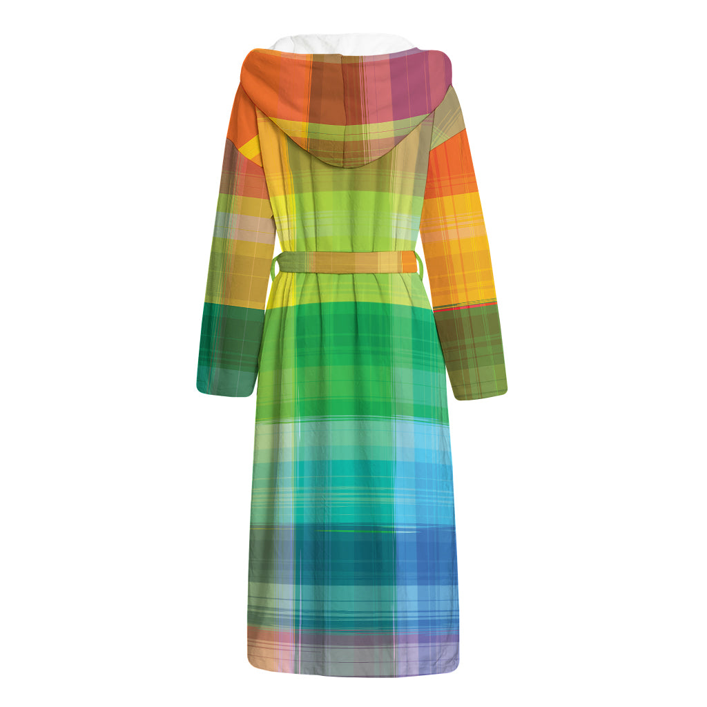 LGBT Pride Rainbow Plaid Pattern Print Hooded Bathrobe