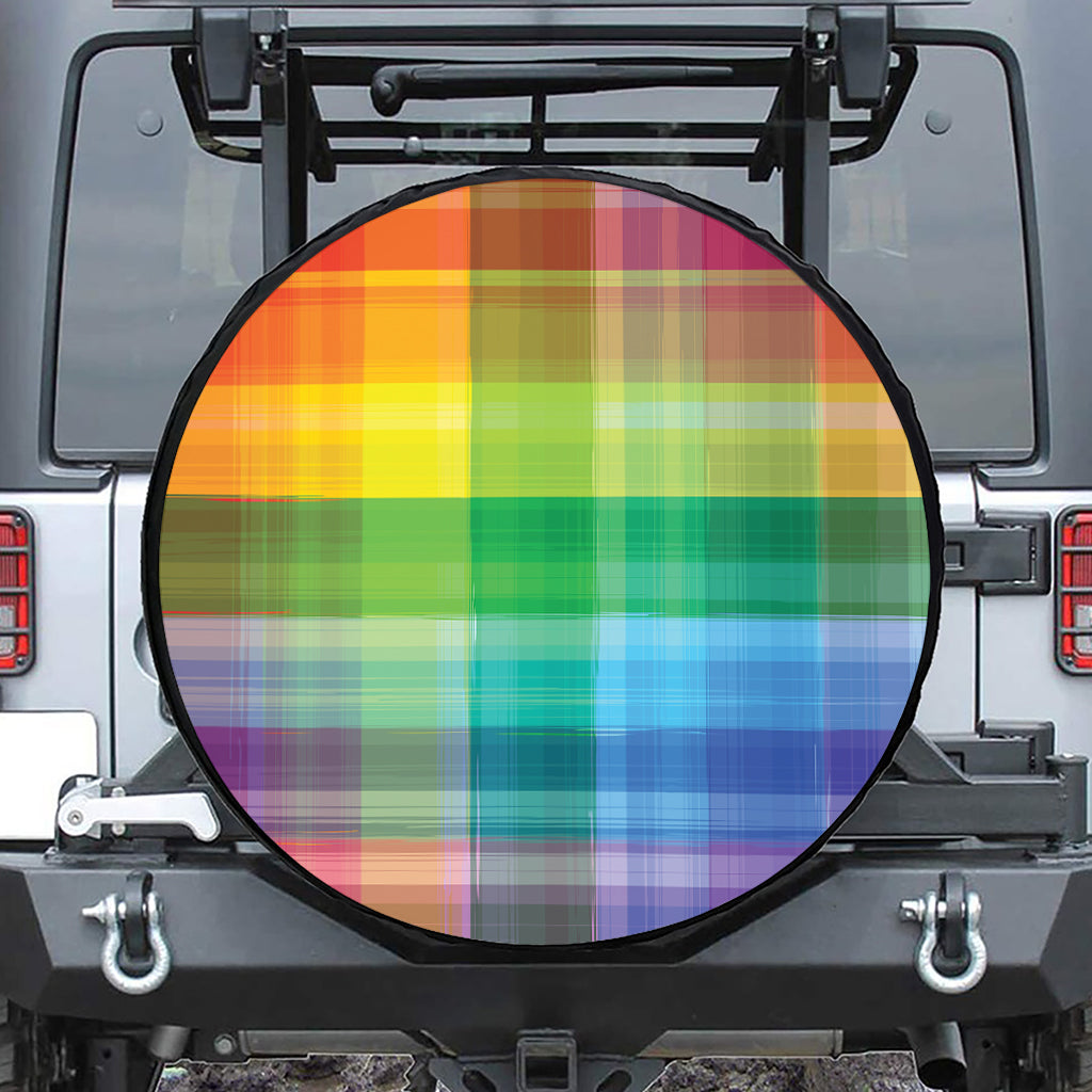 LGBT Pride Rainbow Plaid Pattern Print Leather Spare Tire Cover