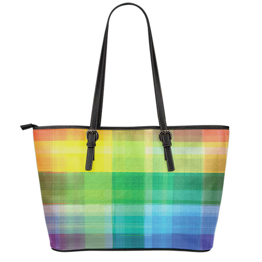 LGBT Pride Rainbow Plaid Pattern Print Leather Tote Bag