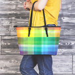 LGBT Pride Rainbow Plaid Pattern Print Leather Tote Bag